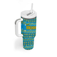 Rwanda Christmas Tumbler With Handle with Blue-Yellow Pattern, Festive Geometric Motifs, and Bold Typography - Wonder Print Shop