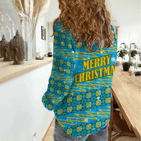 Rwanda Christmas Women Casual Shirt with Blue-Yellow Pattern, Festive Geometric Motifs, and Bold Typography - Wonder Print Shop