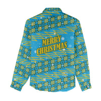 Rwanda Christmas Women Casual Shirt with Blue-Yellow Pattern, Festive Geometric Motifs, and Bold Typography - Wonder Print Shop