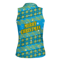 Rwanda Christmas Women Sleeveless Polo Shirt with Blue-Yellow Pattern, Festive Geometric Motifs, and Bold Typography - Wonder Print Shop