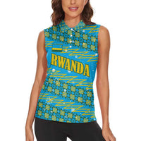 Rwanda Christmas Women Sleeveless Polo Shirt with Blue-Yellow Pattern, Festive Geometric Motifs, and Bold Typography - Wonder Print Shop