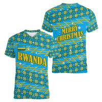 Rwanda Christmas Women V-Neck T-Shirt with Blue-Yellow Pattern, Festive Geometric Motifs, and Bold Typography - Wonder Print Shop