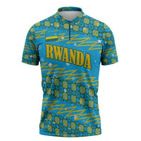 Rwanda Christmas Zipper Polo Shirt with Blue-Yellow Pattern, Festive Geometric Motifs, and Bold Typography - Wonder Print Shop