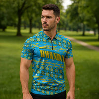 Rwanda Christmas Zipper Polo Shirt with Blue-Yellow Pattern, Festive Geometric Motifs, and Bold Typography - Wonder Print Shop