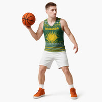 Rwanda Christmas Basketball Jersey with Green-Yellow Pattern, National Emblem, and Radiant Sun Motif - Wonder Print Shop