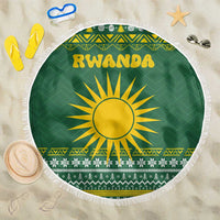 Rwanda Christmas Beach Blanket with Green-Yellow Pattern, National Emblem, and Radiant Sun Motif - Wonder Print Shop