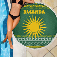 Rwanda Christmas Beach Blanket with Green-Yellow Pattern, National Emblem, and Radiant Sun Motif - Wonder Print Shop
