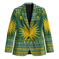 Rwanda Christmas Blazer with Green-Yellow Pattern, National Emblem, and Radiant Sun Motif - Wonder Print Shop