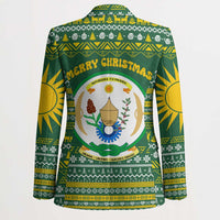 Rwanda Christmas Blazer with Green-Yellow Pattern, National Emblem, and Radiant Sun Motif - Wonder Print Shop