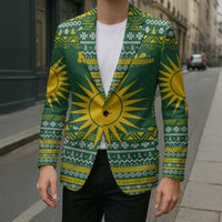 Rwanda Christmas Blazer with Green-Yellow Pattern, National Emblem, and Radiant Sun Motif - Wonder Print Shop