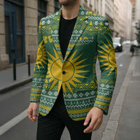 Rwanda Christmas Blazer with Green-Yellow Pattern, National Emblem, and Radiant Sun Motif - Wonder Print Shop