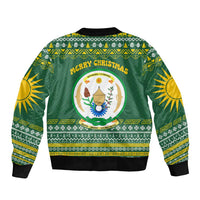Rwanda Christmas Bomber Jacket with Green-Yellow Pattern, National Emblem, and Radiant Sun Motif - Wonder Print Shop