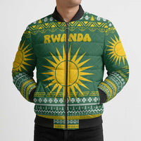 Rwanda Christmas Bomber Puffer Jacket with Green-Yellow Pattern, National Emblem, and Radiant Sun Motif - Wonder Print Shop