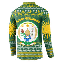 Rwanda Christmas Button Sweatshirt with Green-Yellow Pattern, National Emblem, and Radiant Sun Motif - Wonder Print Shop
