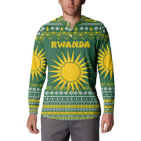 Rwanda Christmas Button Sweatshirt with Green-Yellow Pattern, National Emblem, and Radiant Sun Motif - Wonder Print Shop