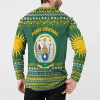Rwanda Christmas Button Sweatshirt with Green-Yellow Pattern, National Emblem, and Radiant Sun Motif - Wonder Print Shop