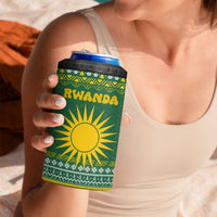 Rwanda Christmas 4 in 1 Can Cooler Tumbler with Green-Yellow Pattern, National Emblem, and Radiant Sun Motif - Wonder Print Shop
