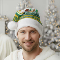 Rwanda Christmas Santa Hat with Green-Yellow Pattern, National Emblem, and Radiant Sun Motif - Wonder Print Shop