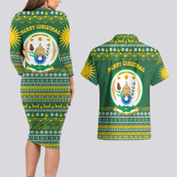 Rwanda Christmas Couples Matching Long Sleeve Bodycon Dress and Hawaiian Shirt with Green-Yellow Pattern, National Emblem, and Radiant Sun Motif - Wonder Print Shop