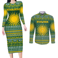 Rwanda Christmas Couples Matching Long Sleeve Bodycon Dress and Long Sleeve Button Shirt with Green-Yellow Pattern, National Emblem, and Radiant Sun Motif - Wonder Print Shop