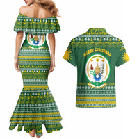 Rwanda Christmas Couples Matching Mermaid Dress and Hawaiian Shirt with Green-Yellow Pattern, National Emblem, and Radiant Sun Motif - Wonder Print Shop