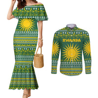 Rwanda Christmas Couples Matching Mermaid Dress and Long Sleeve Button Shirt with Green-Yellow Pattern, National Emblem, and Radiant Sun Motif - Wonder Print Shop