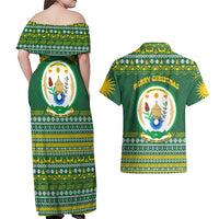 Rwanda Christmas Couples Matching Off Shoulder Maxi Dress and Hawaiian Shirt with Green-Yellow Pattern, National Emblem, and Radiant Sun Motif - Wonder Print Shop