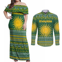 Rwanda Christmas Couples Matching Off Shoulder Maxi Dress and Long Sleeve Button Shirt with Green-Yellow Pattern, National Emblem, and Radiant Sun Motif - Wonder Print Shop