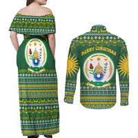 Rwanda Christmas Couples Matching Off Shoulder Maxi Dress and Long Sleeve Button Shirt with Green-Yellow Pattern, National Emblem, and Radiant Sun Motif - Wonder Print Shop