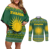 Rwanda Christmas Couples Matching Off Shoulder Short Dress and Long Sleeve Button Shirt with Green-Yellow Pattern, National Emblem, and Radiant Sun Motif - Wonder Print Shop