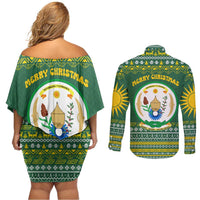 Rwanda Christmas Couples Matching Off Shoulder Short Dress and Long Sleeve Button Shirt with Green-Yellow Pattern, National Emblem, and Radiant Sun Motif - Wonder Print Shop
