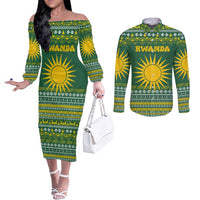 Rwanda Christmas Couples Matching Off The Shoulder Long Sleeve Dress and Long Sleeve Button Shirt with Green-Yellow Pattern, National Emblem, and Radiant Sun Motif - Wonder Print Shop