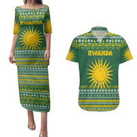 Rwanda Christmas Couples Matching Puletasi and Hawaiian Shirt with Green-Yellow Pattern, National Emblem, and Radiant Sun Motif - Wonder Print Shop