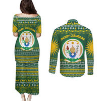 Rwanda Christmas Couples Matching Puletasi and Long Sleeve Button Shirt with Green-Yellow Pattern, National Emblem, and Radiant Sun Motif - Wonder Print Shop