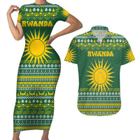 Rwanda Christmas Couples Matching Short Sleeve Bodycon Dress and Hawaiian Shirt with Green-Yellow Pattern, National Emblem, and Radiant Sun Motif - Wonder Print Shop
