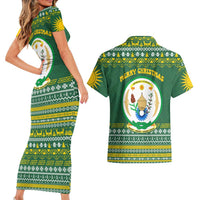 Rwanda Christmas Couples Matching Short Sleeve Bodycon Dress and Hawaiian Shirt with Green-Yellow Pattern, National Emblem, and Radiant Sun Motif - Wonder Print Shop
