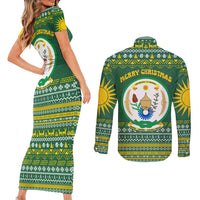 Rwanda Christmas Couples Matching Short Sleeve Bodycon Dress and Long Sleeve Button Shirt with Green-Yellow Pattern, National Emblem, and Radiant Sun Motif - Wonder Print Shop
