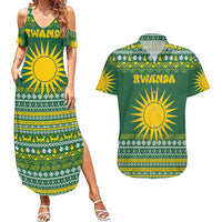 Rwanda Christmas Couples Matching Summer Maxi Dress and Hawaiian Shirt with Green-Yellow Pattern, National Emblem, and Radiant Sun Motif - Wonder Print Shop