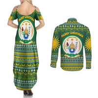 Rwanda Christmas Couples Matching Summer Maxi Dress and Long Sleeve Button Shirt with Green-Yellow Pattern, National Emblem, and Radiant Sun Motif - Wonder Print Shop