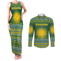 Rwanda Christmas Couples Matching Tank Maxi Dress and Long Sleeve Button Shirt with Green-Yellow Pattern, National Emblem, and Radiant Sun Motif - Wonder Print Shop