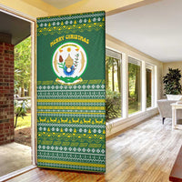 Rwanda Christmas Door Cover with Green-Yellow Pattern, National Emblem, and Radiant Sun Motif - Wonder Print Shop