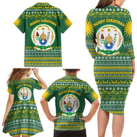 Rwanda Christmas Family Matching Long Sleeve Bodycon Dress and Hawaiian Shirt with Green-Yellow Pattern, National Emblem, and Radiant Sun Motif - Wonder Print Shop