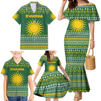 Rwanda Christmas Family Matching Mermaid Dress and Hawaiian Shirt with Green-Yellow Pattern, National Emblem, and Radiant Sun Motif - Wonder Print Shop