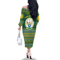 Rwanda Christmas Family Matching Off The Shoulder Long Sleeve Dress and Hawaiian Shirt with Green-Yellow Pattern, National Emblem, and Radiant Sun Motif - Wonder Print Shop