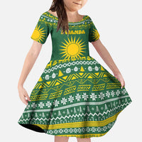 Rwanda Christmas Family Matching Off Shoulder Maxi Dress and Hawaiian Shirt with Green-Yellow Pattern, National Emblem, and Radiant Sun Motif - Wonder Print Shop