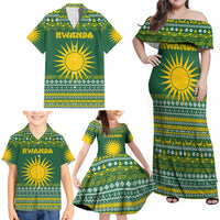 Rwanda Christmas Family Matching Off Shoulder Maxi Dress and Hawaiian Shirt with Green-Yellow Pattern, National Emblem, and Radiant Sun Motif - Wonder Print Shop