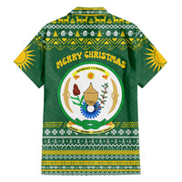 Rwanda Christmas Family Matching Off Shoulder Maxi Dress and Hawaiian Shirt with Green-Yellow Pattern, National Emblem, and Radiant Sun Motif - Wonder Print Shop