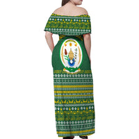 Rwanda Christmas Family Matching Off Shoulder Maxi Dress and Hawaiian Shirt with Green-Yellow Pattern, National Emblem, and Radiant Sun Motif - Wonder Print Shop