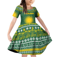 Rwanda Christmas Family Matching Off Shoulder Short Dress and Hawaiian Shirt with Green-Yellow Pattern, National Emblem, and Radiant Sun Motif - Wonder Print Shop