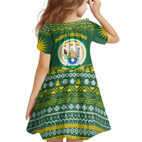 Rwanda Christmas Family Matching Off Shoulder Short Dress and Hawaiian Shirt with Green-Yellow Pattern, National Emblem, and Radiant Sun Motif - Wonder Print Shop